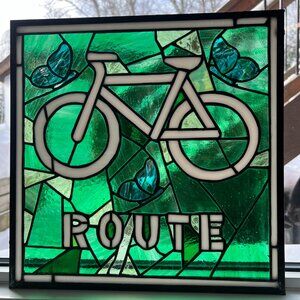 Stained Glass Panel - Bike Route Sign with Butterflies